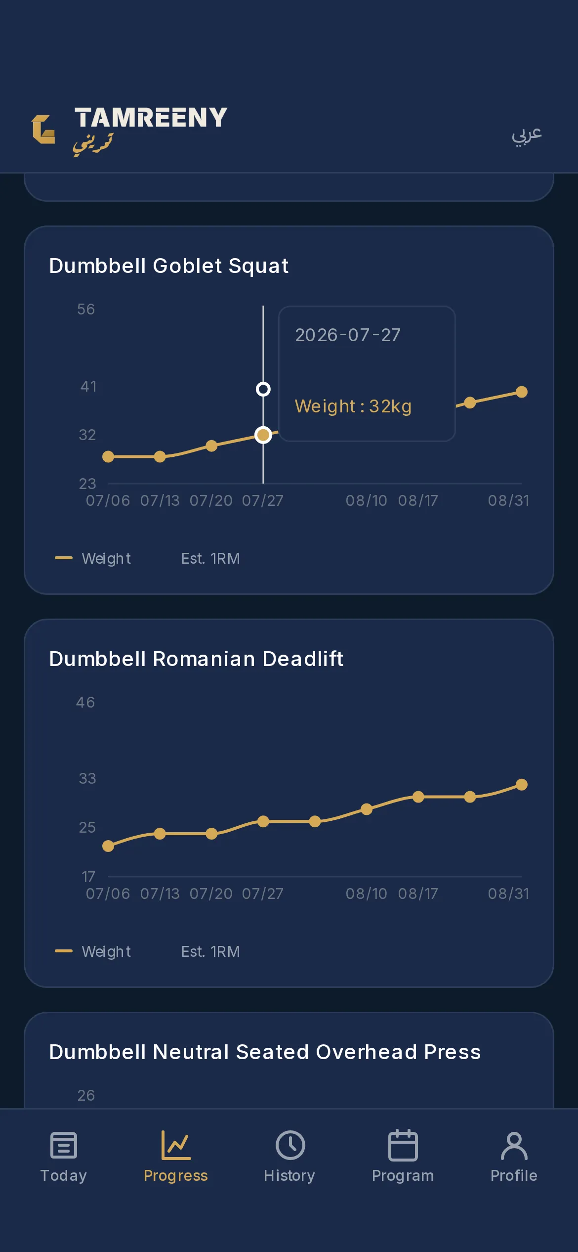 Progress charts: the weight on each main lift plotted over the weeks