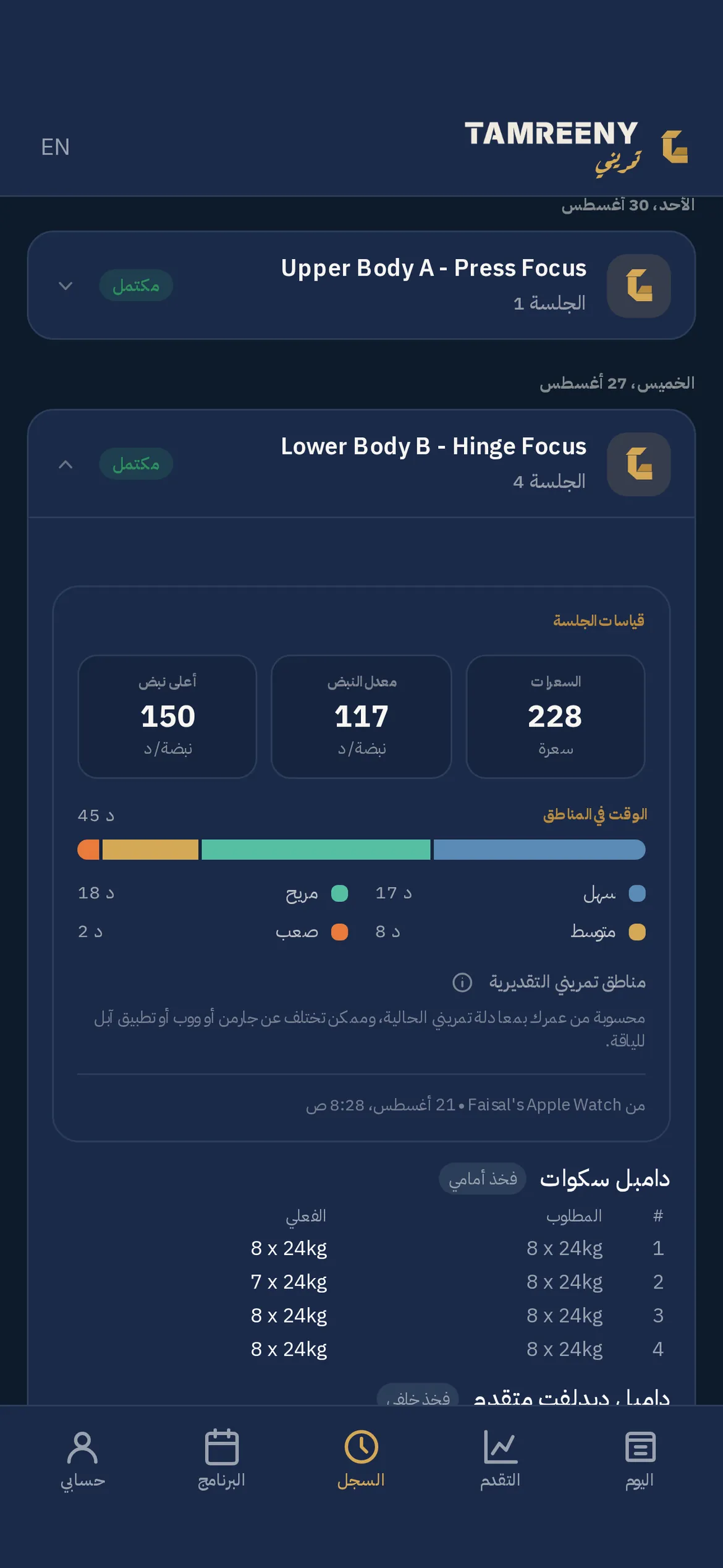 جلسة مخلصة مفتوحة بالسجل ومعها بيانات الساعة: السعرات، ومعدل النبض وأعلى نبض، وشريط الوقت بكل منطقة بالدقايق، وفوق جولات الجلسة المسجلة