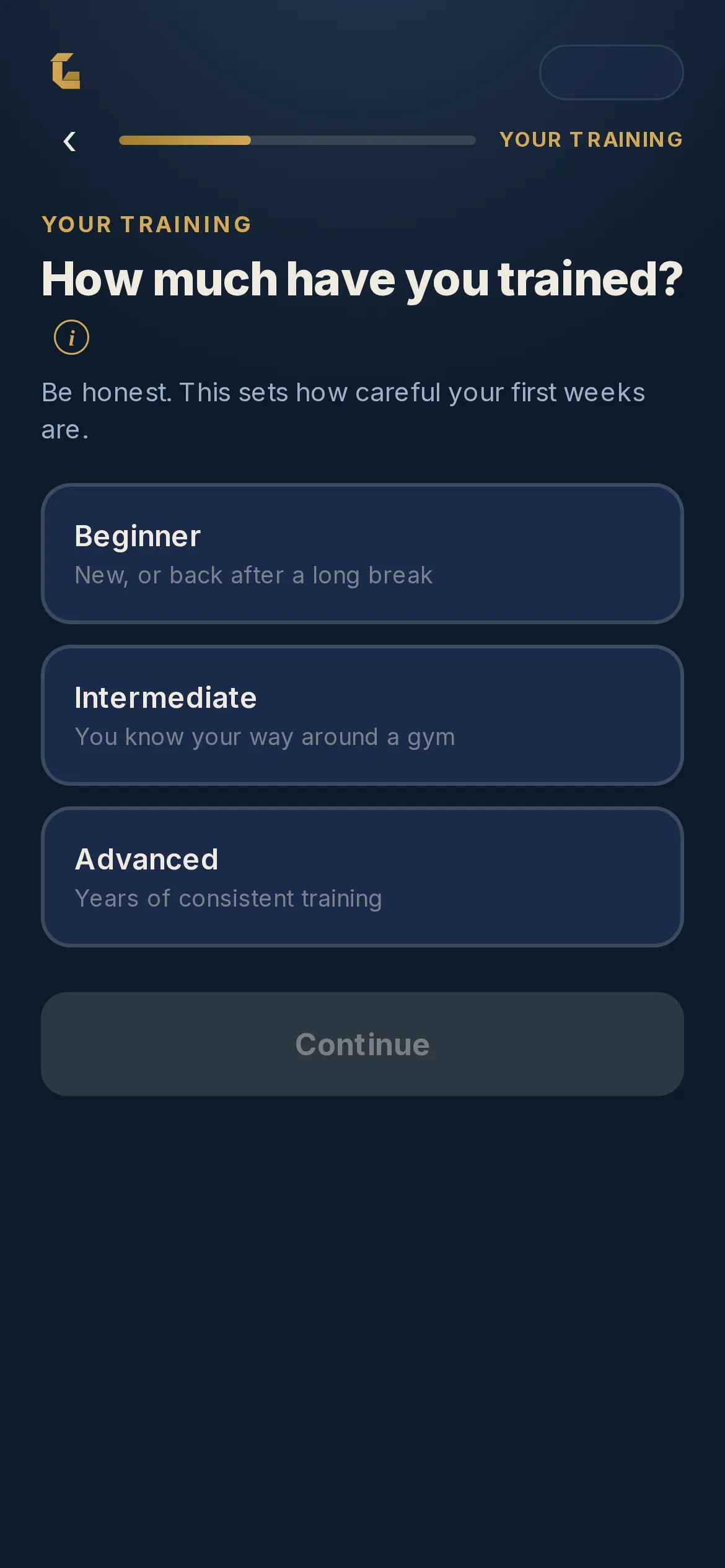 The consultation step asking how much you have trained: beginner, intermediate or advanced