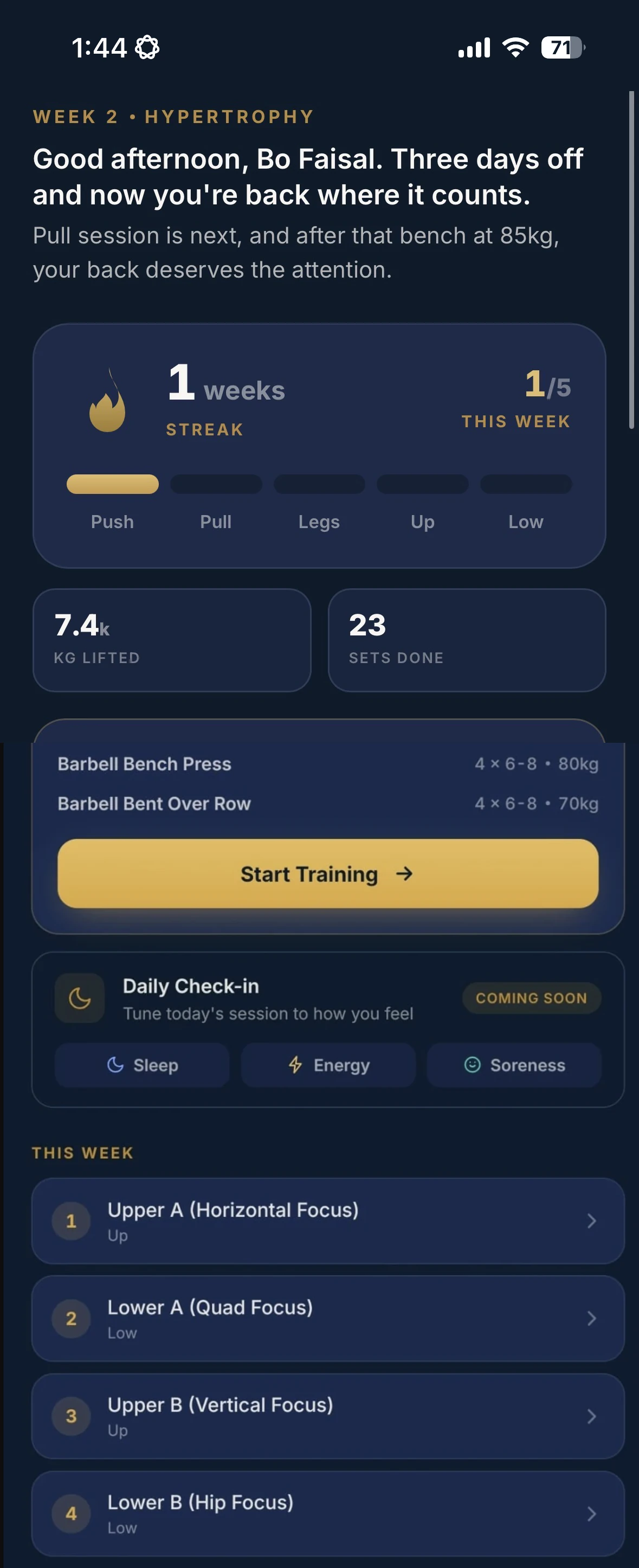 A personalized coaching message that references your recent training, patterns, and effort